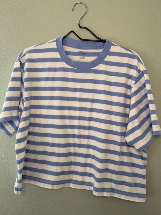 Tops - Blue White Stripped Cropped Tee Shirt Womans Large Cotton Boxy